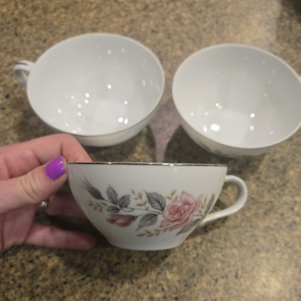 3 Castlecourt Fine China Tea Cups In The Rose Glow Pattern, Japan